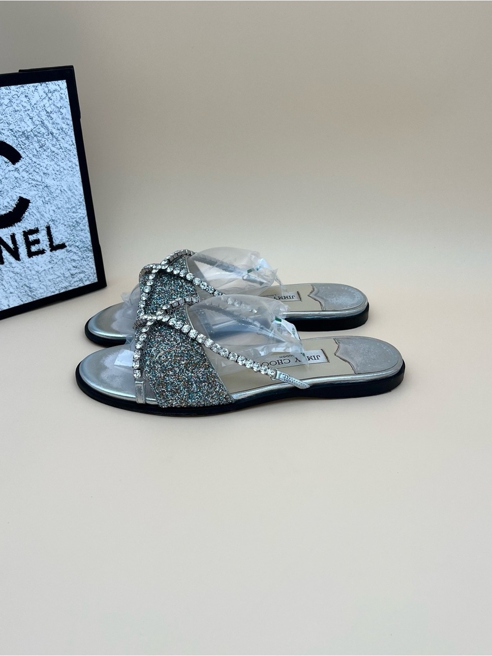 Jimmy Choo Silver Glitter & Crystal Slide Sandals